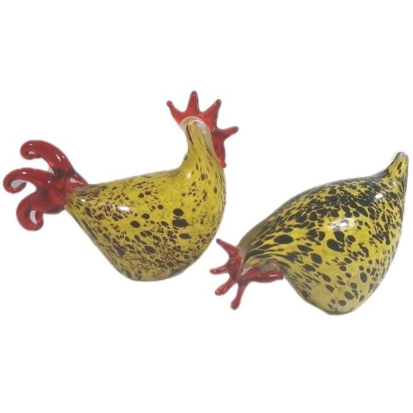 Murano Style Blown Italian Art Glass Yellow Speckled Rooster Hen Chicken Set - Picture 5 of 16